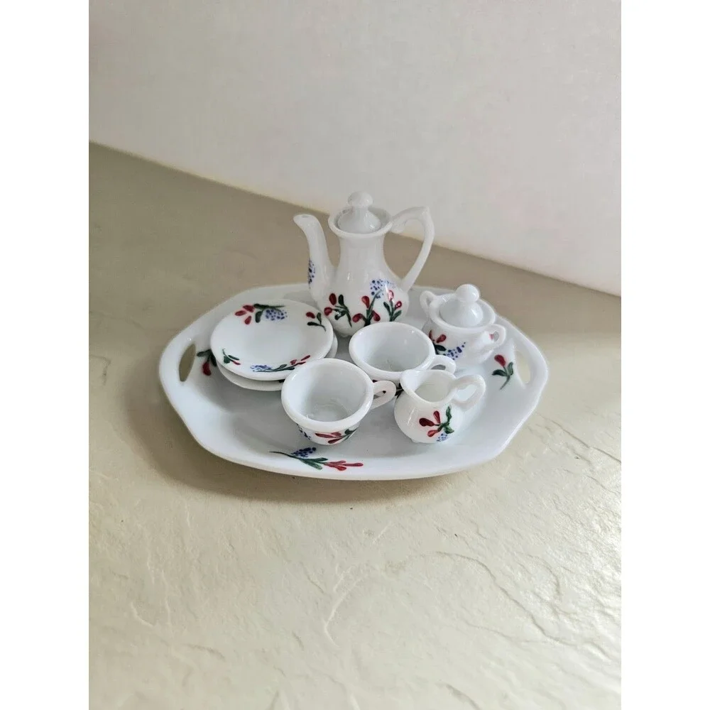 Vintage Miniature Ceramic Dollhouse Tea Set Blue And Red Floral Design